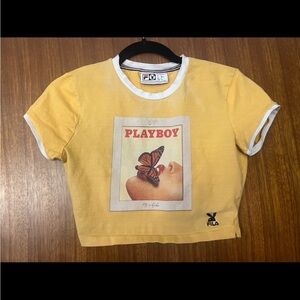 PLAYBOY Yellow Crop Top with Butterfly Graphic